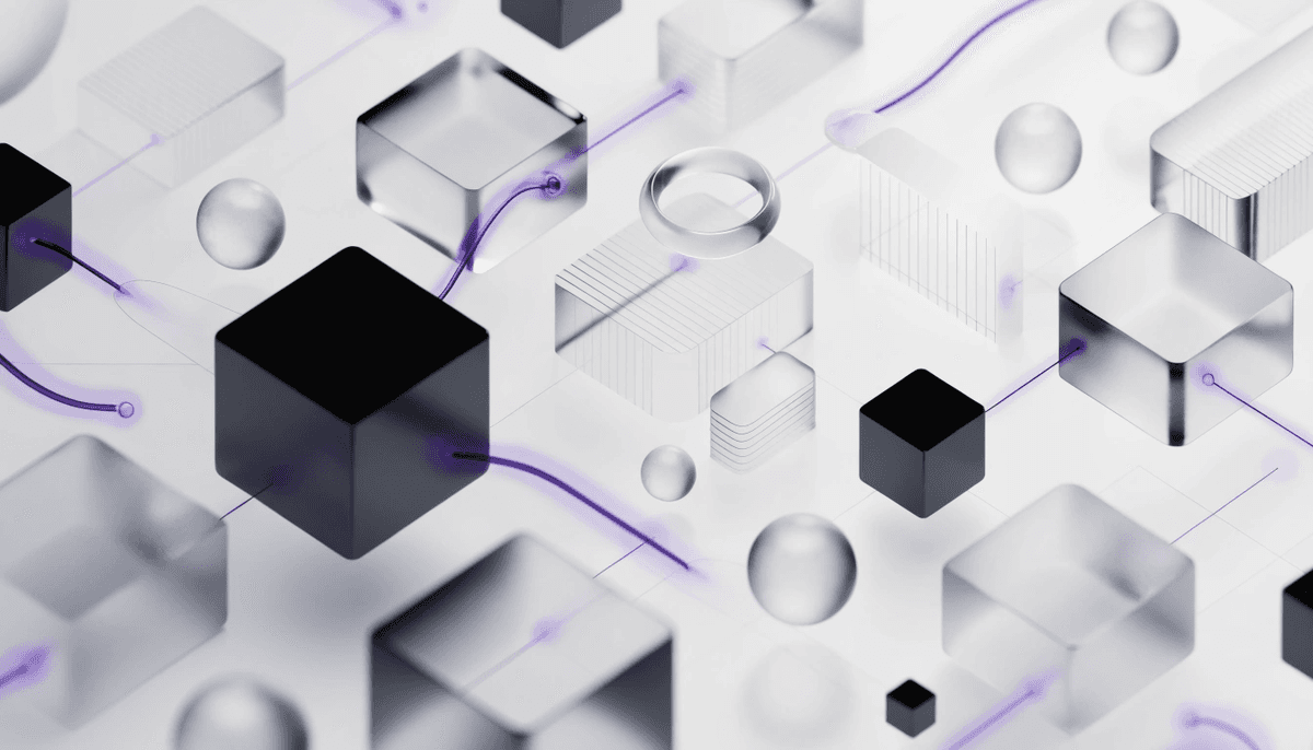 3D isometric render of financial infrastructure — matte metal surfaces with Cyber Purple edge-lighting