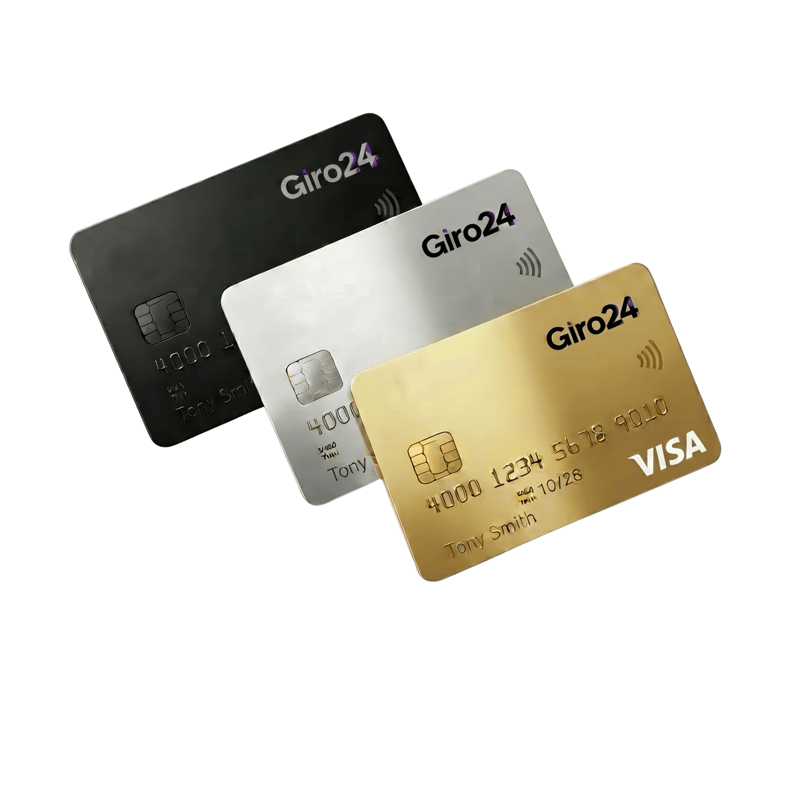 Giro24 physical debit cards, matte black, silver and gold